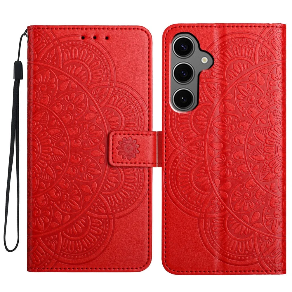 For Samsung Galaxy S25+ Leather Case with Card Slots Mandala Pattern Phone Cover Stand - Red - 1