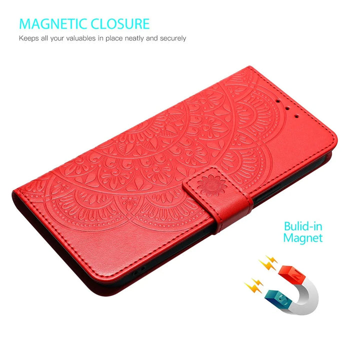 For Samsung Galaxy S25+ Leather Case with Card Slots Mandala Pattern Phone Cover Stand - Red - 5