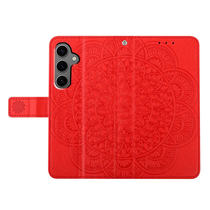 For Samsung Galaxy S25+ Leather Case with Card Slots Mandala Pattern Phone Cover Stand - Red - 6