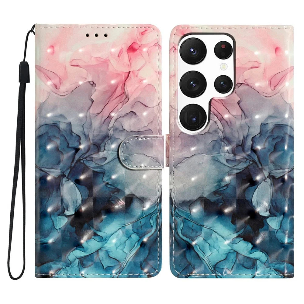 For Samsung Galaxy S25 Ultra Case PU Leather 3D Pattern Printing Wallet Phone Cover - Pink Blue Marble - 1