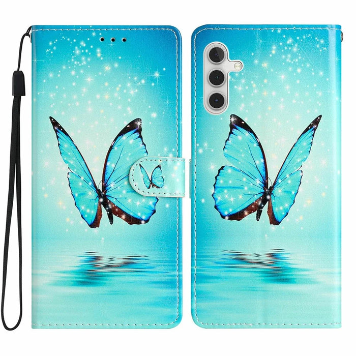 For Samsung Galaxy S25 Wallet Case PU Leather Pattern Printing Stand Phone Cover with Strap - Blue Butterfly - 1