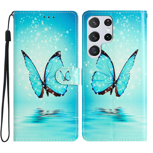 For Samsung Galaxy S25 Ultra Wallet Case PU Leather Pattern Printing Stand Phone Cover with Strap - Blue Butterfly - 1