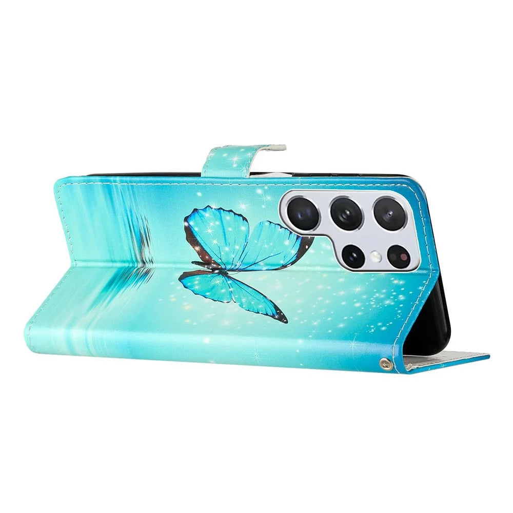 For Samsung Galaxy S25 Ultra Wallet Case PU Leather Pattern Printing Stand Phone Cover with Strap - Blue Butterfly - 3