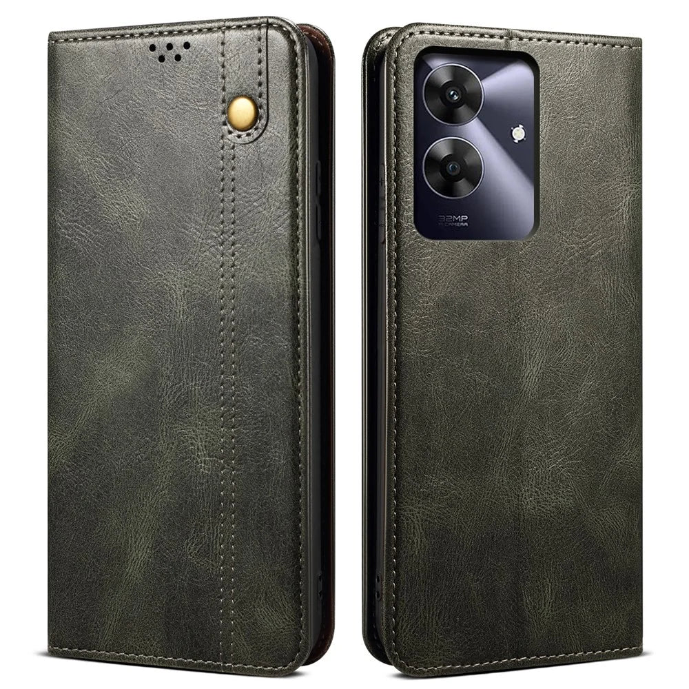For Realme Note 60 / Narzo N63 4G / C61 (India) 4G / Note 60x 4G / C63 4G / C61 4G Case Crazy Horse Texture Leather Wallet Stand Phone Cover - Green - 1