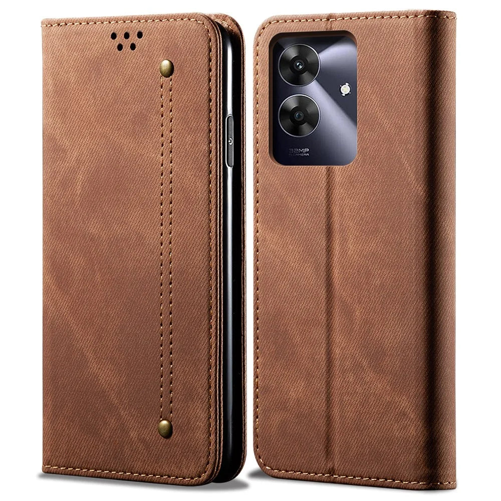 For Realme Note 60 / Narzo N63 4G / C61 (India) 4G / Note 60x 4G / C63 4G / C61 4G Case Jeans Cloth Texture Leather Stand Phone Cover - Coffee - 1
