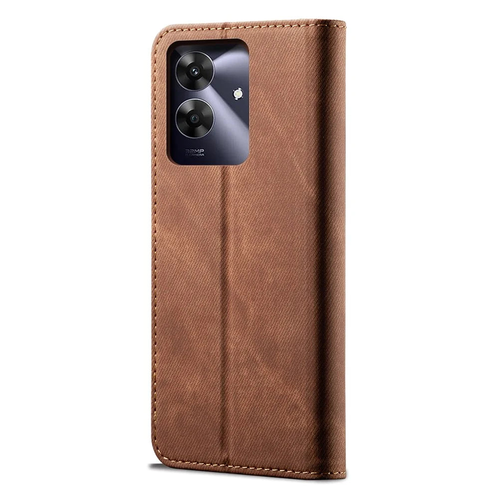 For Realme Note 60 / Narzo N63 4G / C61 (India) 4G / Note 60x 4G / C63 4G / C61 4G Case Jeans Cloth Texture Leather Stand Phone Cover - Coffee - 6