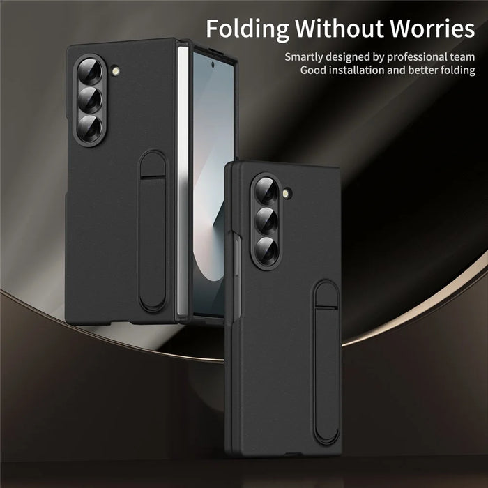 For Samsung Galaxy Z Fold5 5G Case Kickstand PC Phone Cover with Alloy Lens Ring - Black - 7