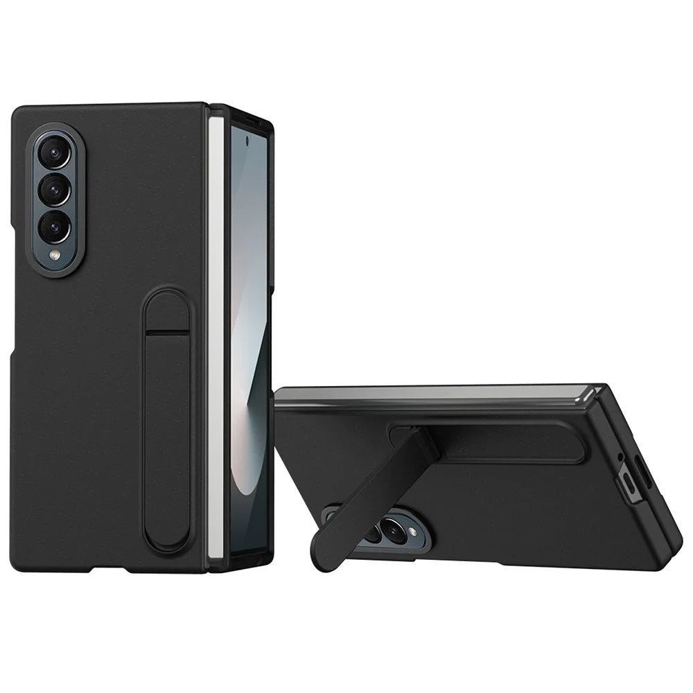 For Samsung Galaxy Z Fold4 5G Case Kickstand PC Phone Cover with Alloy Lens Ring - Black - 1