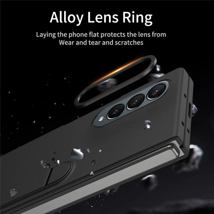 For Samsung Galaxy Z Fold4 5G Case Kickstand PC Phone Cover with Alloy Lens Ring - Black - 5