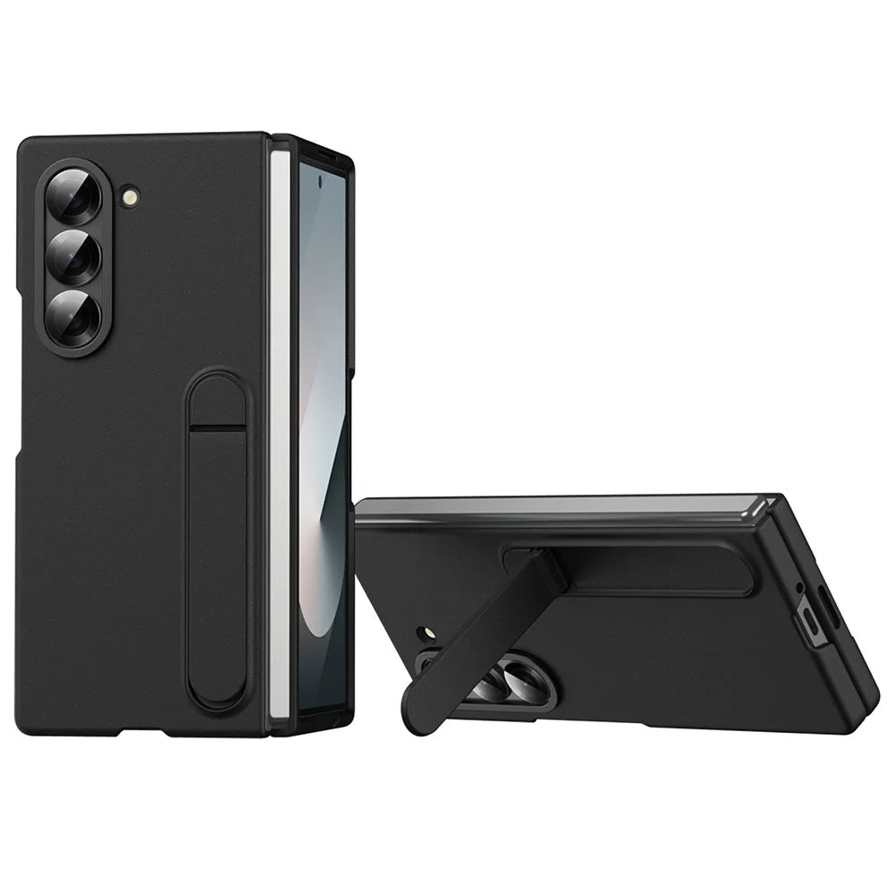 For Samsung Galaxy Z Fold6 5G Case Kickstand PC Phone Cover with Alloy Lens Ring - Black - 1