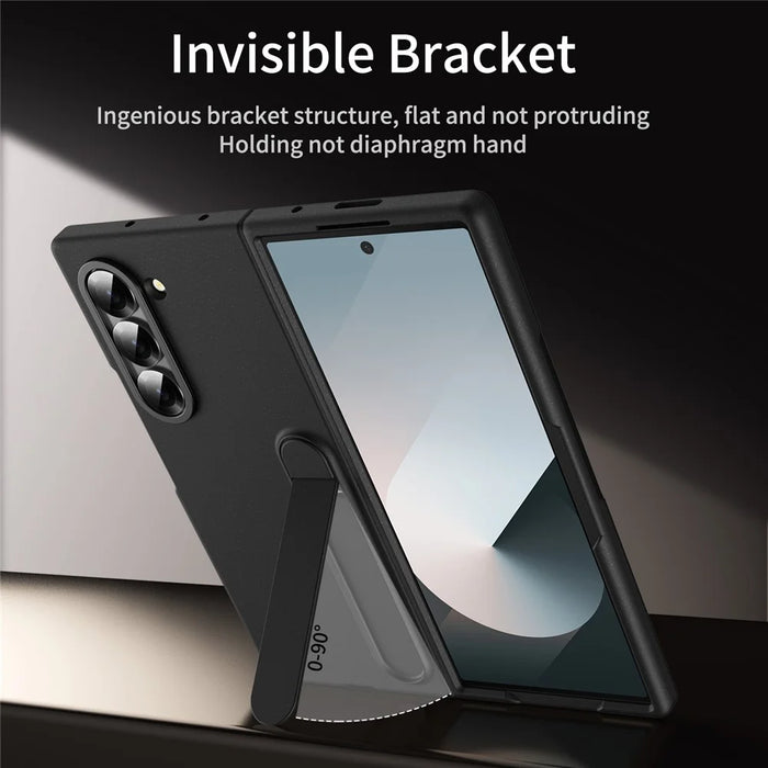 For Samsung Galaxy Z Fold6 5G Case Kickstand PC Phone Cover with Alloy Lens Ring - Black - 4