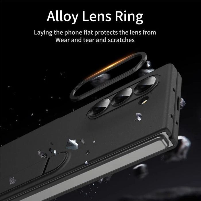 For Samsung Galaxy Z Fold6 5G Case Kickstand PC Phone Cover with Alloy Lens Ring - Black - 5