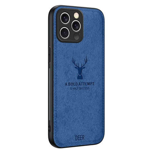 For iPhone 16 Pro Case Deer Pattern Cloth Texture PU Leather Hybrid Phone Cover - Blue - 1