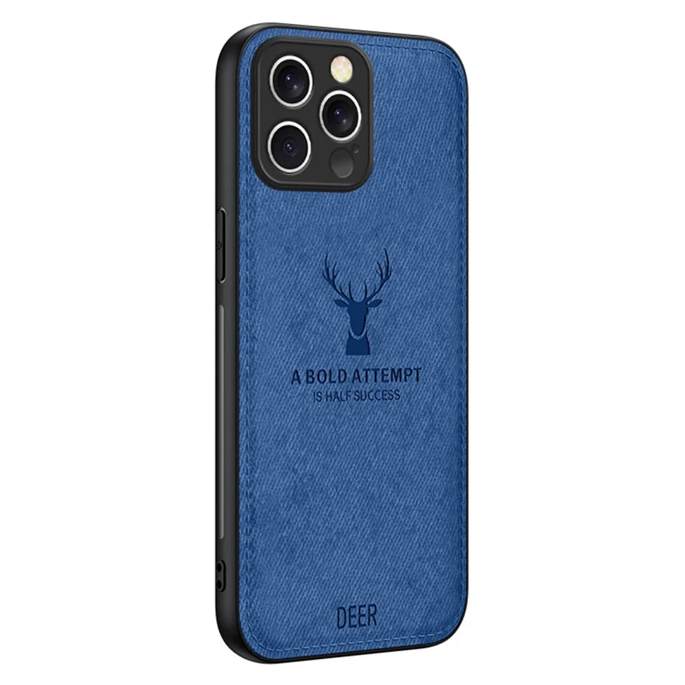 For iPhone 16 Pro Case Deer Pattern Cloth Texture PU Leather Hybrid Phone Cover - Blue - 1