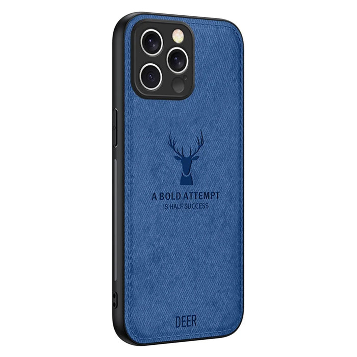 For iPhone 16 Pro Case Deer Pattern Cloth Texture PU Leather Hybrid Phone Cover - Blue - 1
