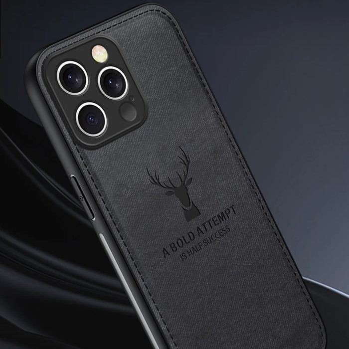 For iPhone 16 Pro Case Deer Pattern Cloth Texture PU Leather Hybrid Phone Cover - Blue - 6