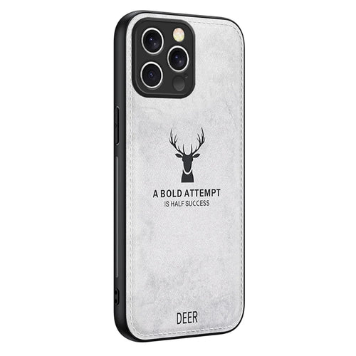 For iPhone 16 Pro Max Case Deer Pattern Cloth Texture PU Leather Hybrid Phone Cover - Grey - 1