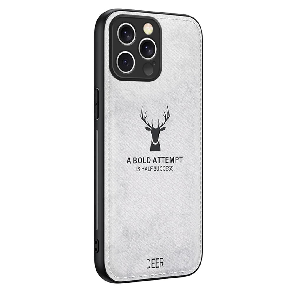 For iPhone 16 Pro Max Case Deer Pattern Cloth Texture PU Leather Hybrid Phone Cover - Grey - 1
