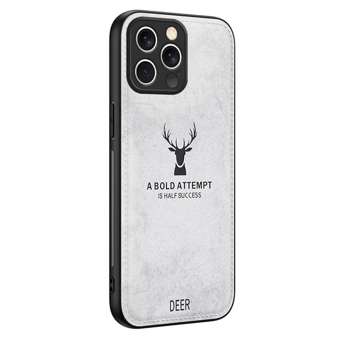For iPhone 16 Pro Max Case Deer Pattern Cloth Texture PU Leather Hybrid Phone Cover - Grey - 1