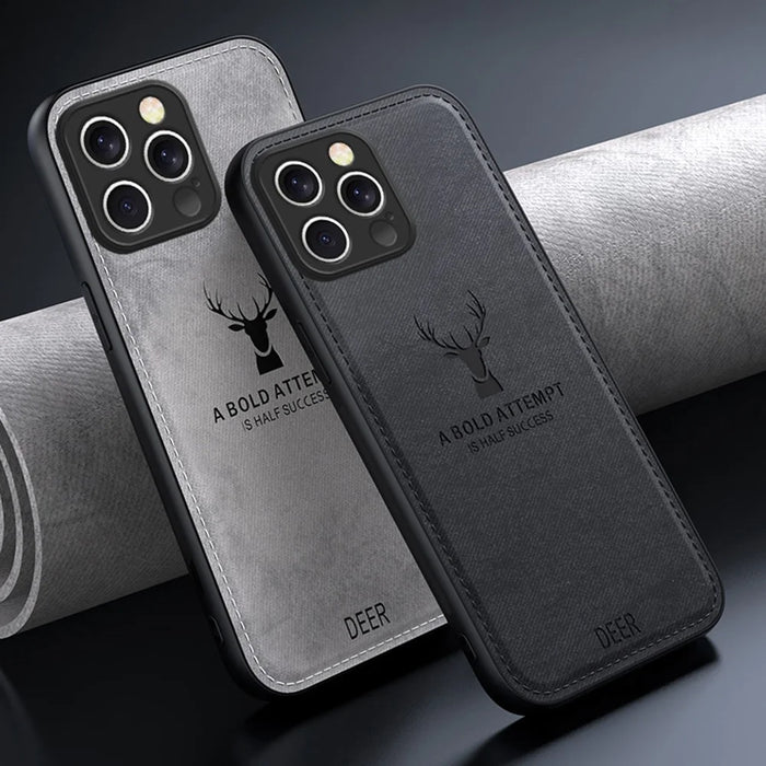 For iPhone 16 Pro Max Case Deer Pattern Cloth Texture PU Leather Hybrid Phone Cover - Grey - 4