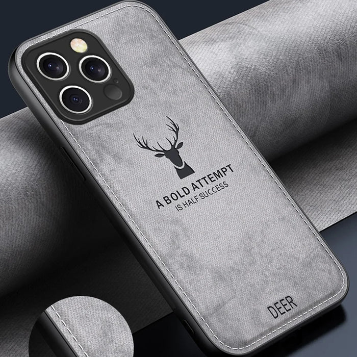 For iPhone 16 Pro Max Case Deer Pattern Cloth Texture PU Leather Hybrid Phone Cover - Grey - 5