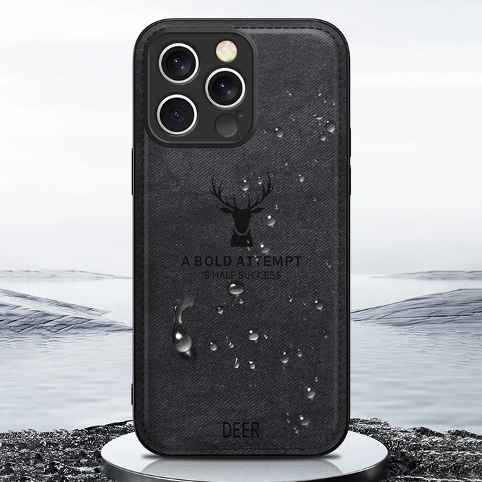 For iPhone 16 Pro Max Case Deer Pattern Cloth Texture PU Leather Hybrid Phone Cover - Grey - 7