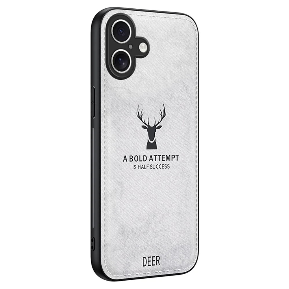 For iPhone 16 Case Deer Pattern Cloth Texture PU Leather Hybrid Phone Cover - Grey - 1
