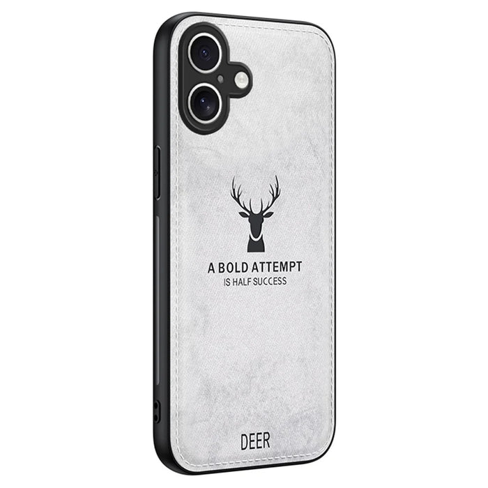 For iPhone 16 Case Deer Pattern Cloth Texture PU Leather Hybrid Phone Cover - Grey - 1
