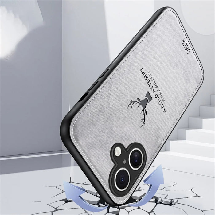For iPhone 16 Case Deer Pattern Cloth Texture PU Leather Hybrid Phone Cover - Grey - 2