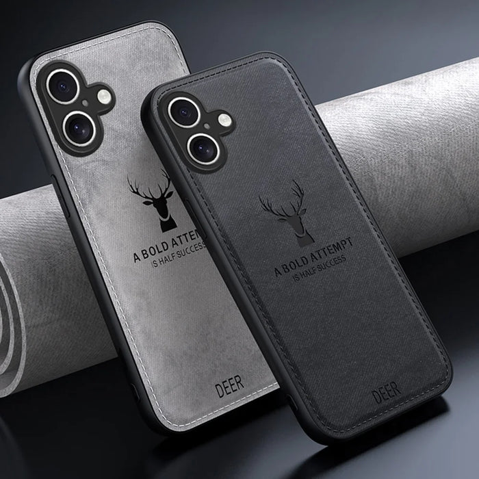 For iPhone 16 Case Deer Pattern Cloth Texture PU Leather Hybrid Phone Cover - Grey - 3