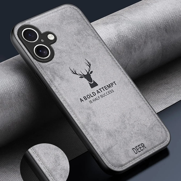 For iPhone 16 Case Deer Pattern Cloth Texture PU Leather Hybrid Phone Cover - Grey - 5