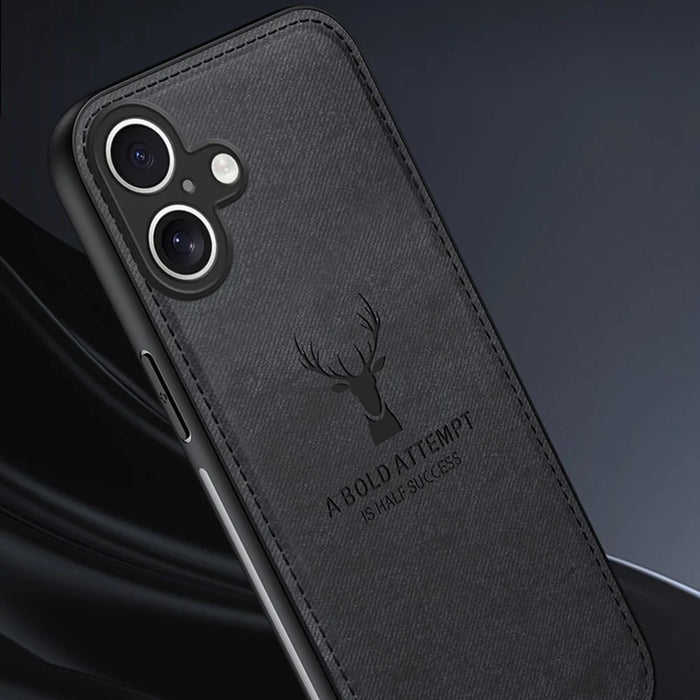 For iPhone 16 Case Deer Pattern Cloth Texture PU Leather Hybrid Phone Cover - Grey - 6