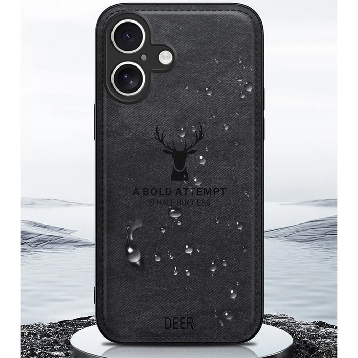 For iPhone 16 Case Deer Pattern Cloth Texture PU Leather Hybrid Phone Cover - Grey - 7
