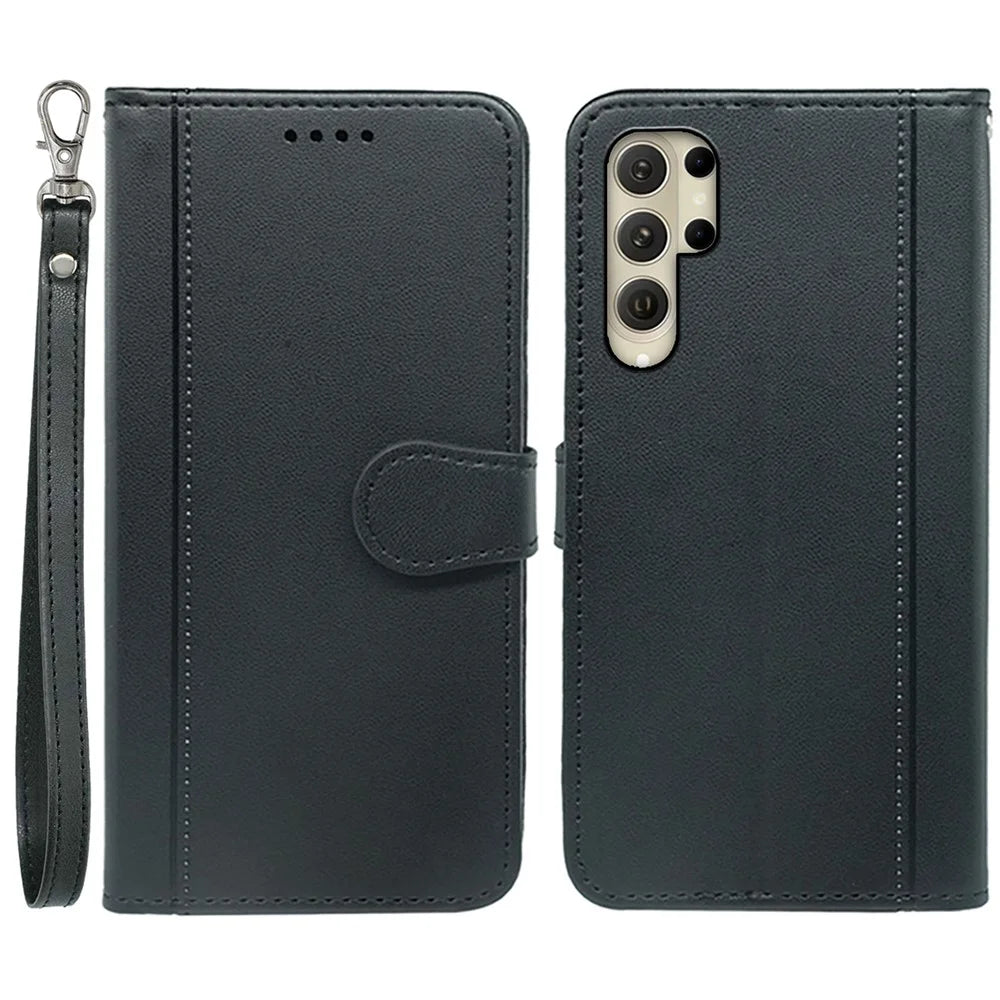 For Samsung Galaxy S25 Ultra Wallet Case Magnetic Snap Leather Phone Cover with Strap - Black - 1