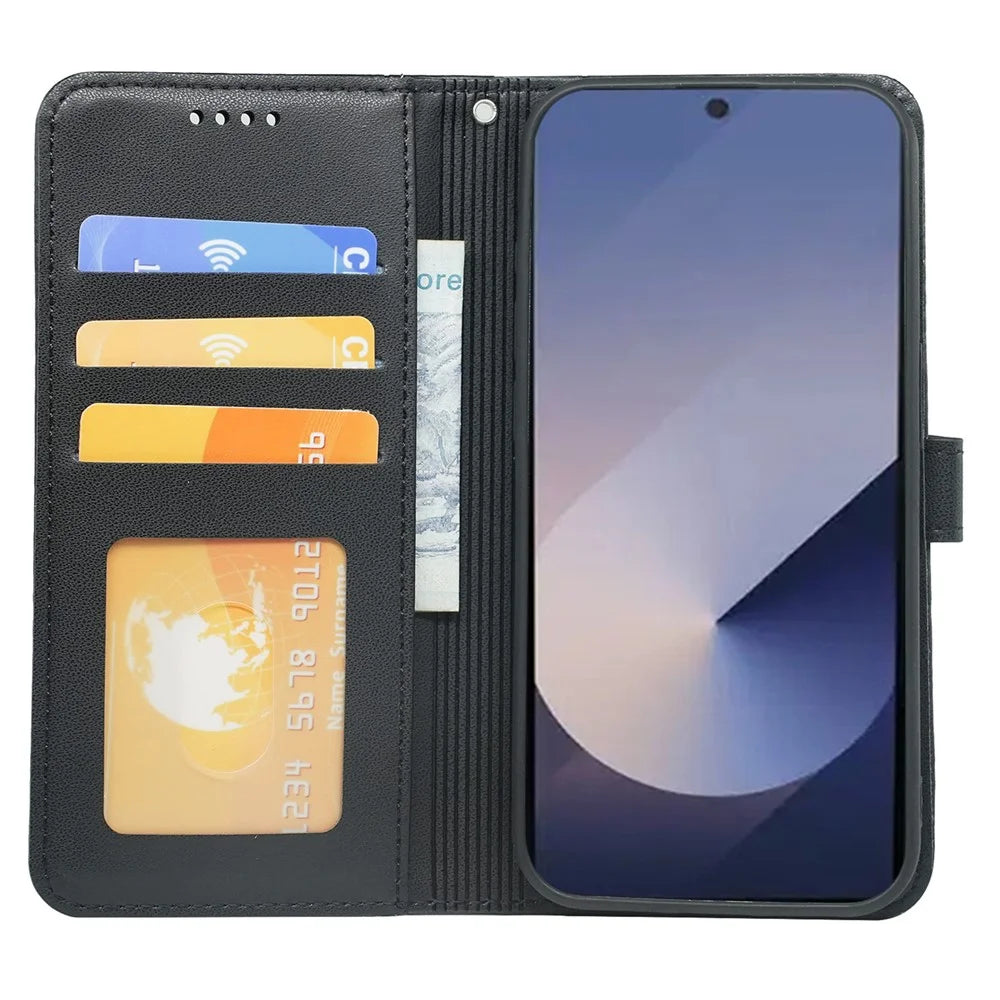 For Samsung Galaxy S25 Ultra Wallet Case Magnetic Snap Leather Phone Cover with Strap - Black - 2