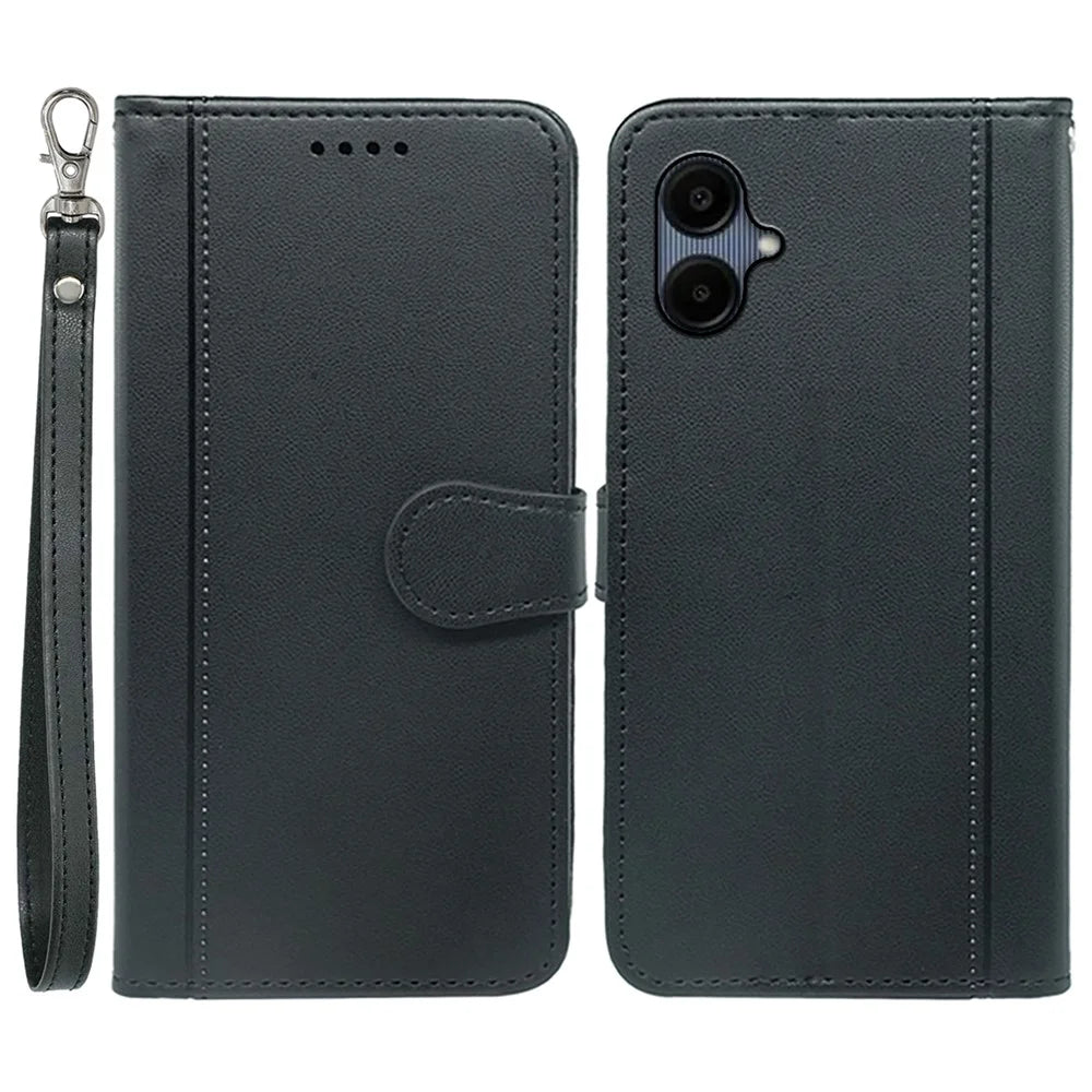 For Samsung Galaxy A06 4G Wallet Case Magnetic Snap Leather Phone Cover with Strap - Black - 1