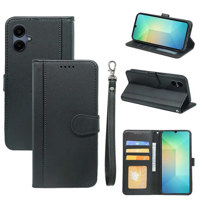 For Samsung Galaxy A06 4G Wallet Case Magnetic Snap Leather Phone Cover with Strap - Black - 4