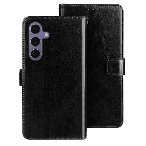 IDEWEI For Samsung Galaxy S25 Stand Case Crazy Horse Texture Leather Phone Cover - Black - 1