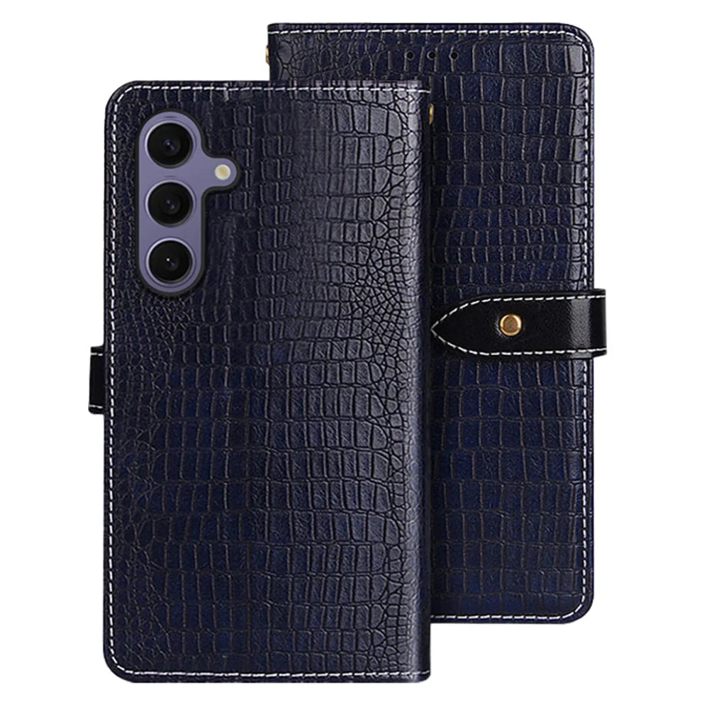 IDEWEI For Samsung Galaxy S25 Case Crocodile Texture PU Leather Flip Phone Cover - Blue - 1