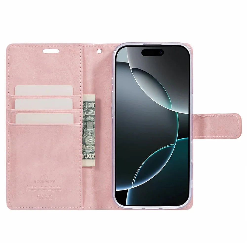 MERCURY GOOSPERY Blue Moon For iPhone 16 Plus Case Stand Full Protection Leather Phone Cover - Pink - 2