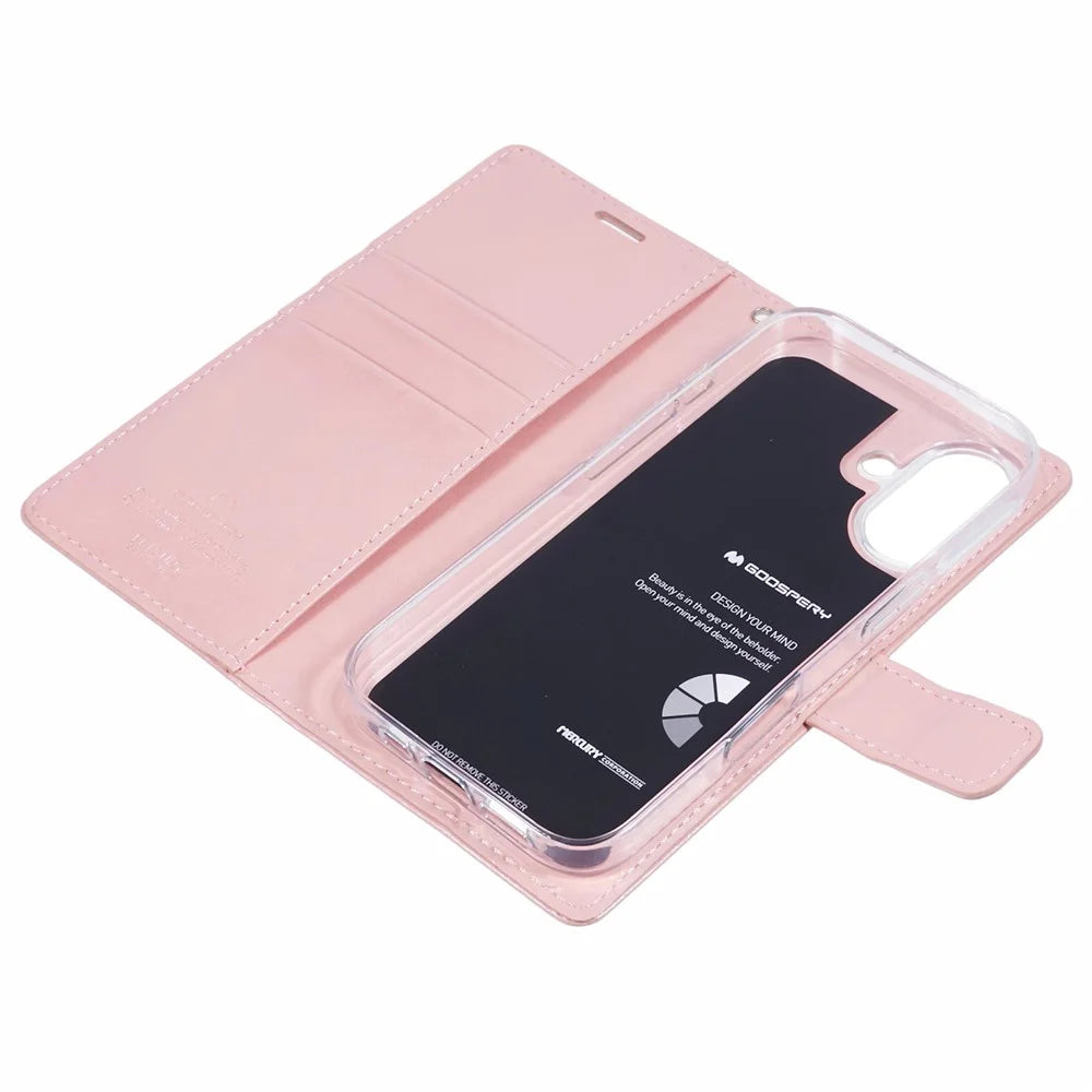 MERCURY GOOSPERY Blue Moon For iPhone 16 Plus Case Stand Full Protection Leather Phone Cover - Pink - 5