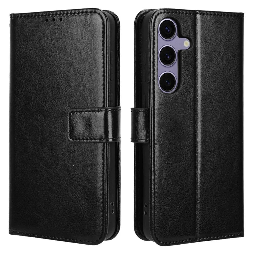 For Samsung Galaxy S24 FE Case Crazy Horse Texture PU Leather Phone Wallet Cover - Black - 1