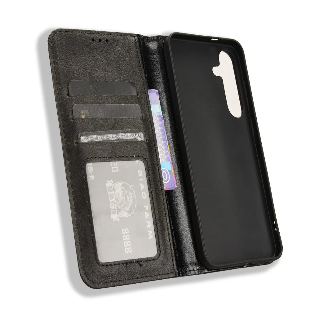 For Samsung Galaxy S24 FE Leather Case Wallet Stand Retro Texture Phone Cover - Black - 5