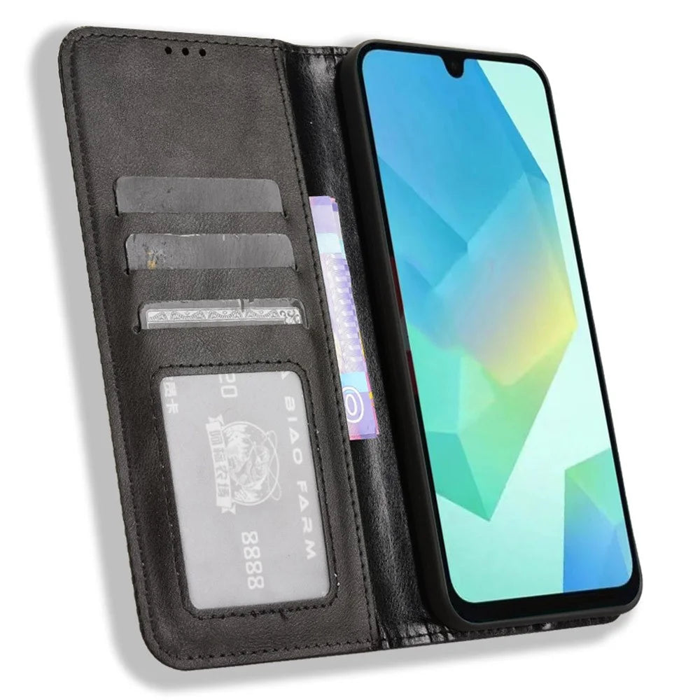 For Samsung Galaxy A16 5G / A16 4G Leather Case Wallet Stand Retro Texture Phone Cover - Black - 2
