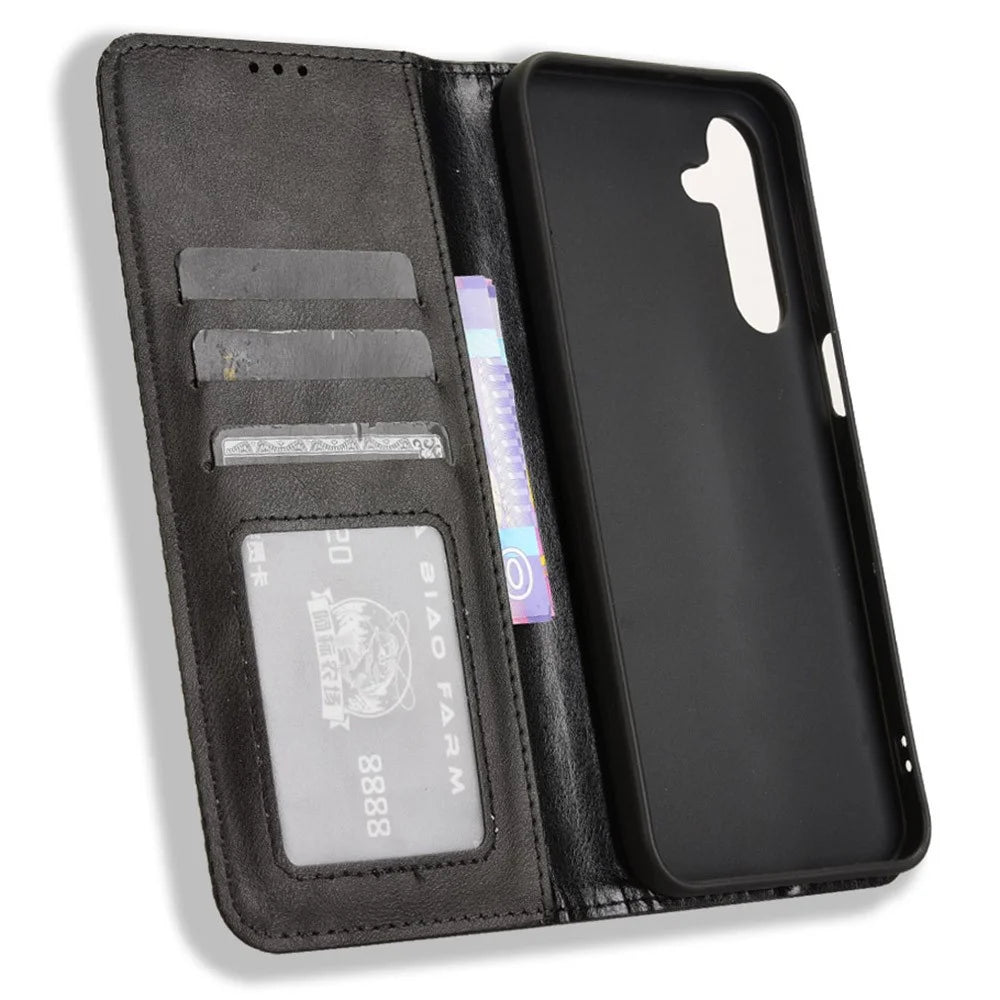 For Samsung Galaxy A16 5G / A16 4G Leather Case Wallet Stand Retro Texture Phone Cover - Black - 4