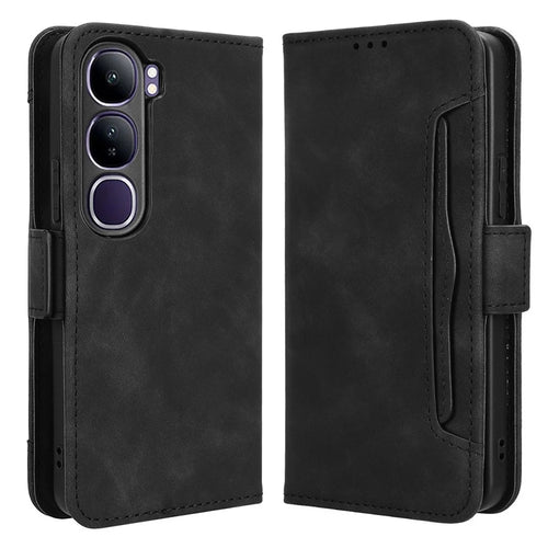 For vivo V40 Lite (Indonesia) 4G / 5G Leather Case Phone Wallet Cover with Multiple Card Slots - Black - 1