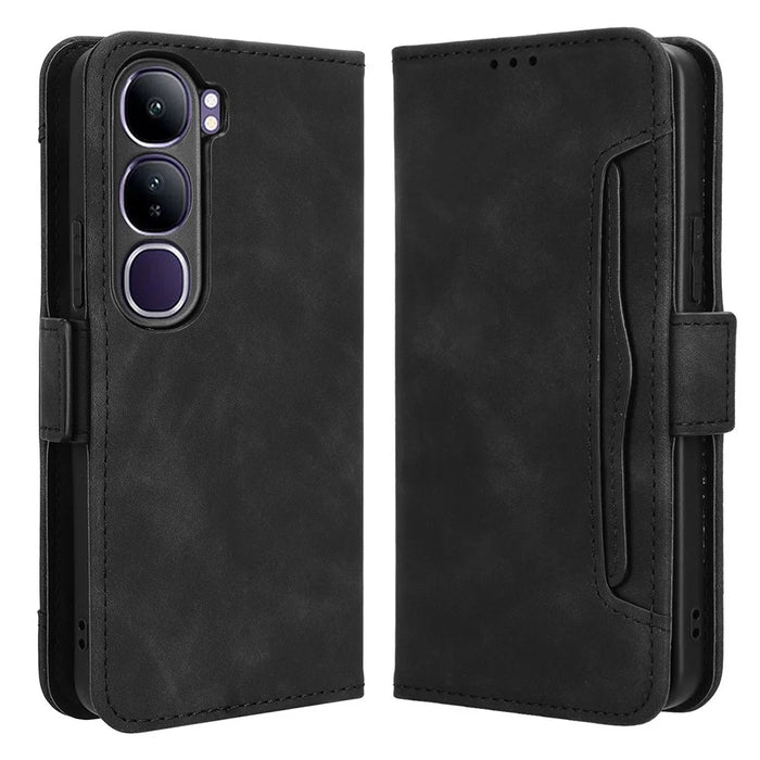 For vivo V40 Lite (Indonesia) 4G / 5G Leather Case Phone Wallet Cover with Multiple Card Slots - Black - 1