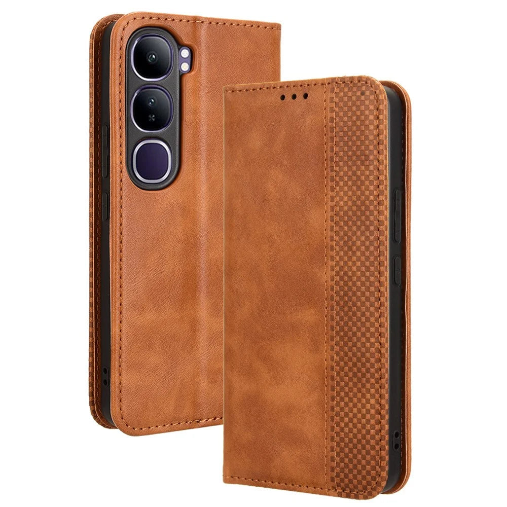 For vivo V40 Lite (Indonesia) 4G / 5G Leather Case Wallet Stand Retro Texture Phone Cover - Brown - 1