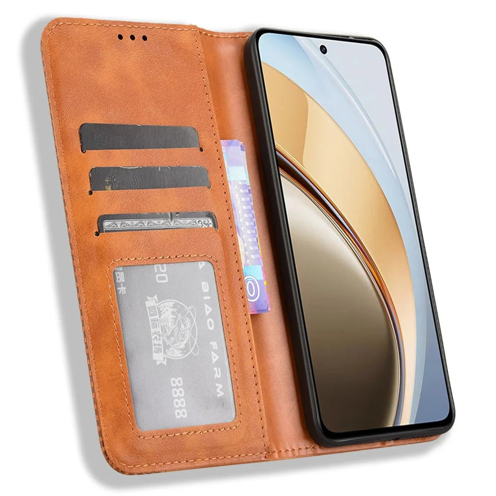 For vivo V40 Lite (Indonesia) 4G / 5G Leather Case Wallet Stand Retro Texture Phone Cover - Brown - 2