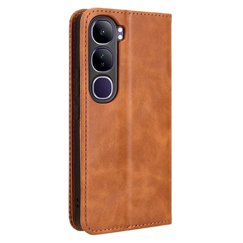 For vivo V40 Lite (Indonesia) 4G / 5G Leather Case Wallet Stand Retro Texture Phone Cover - Brown - 7